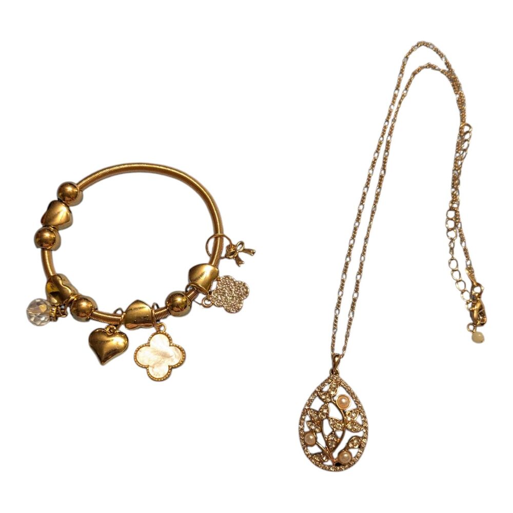Gold Tone Charm Bracelet & Matching Pendant Necklace Set Floral Teardrop - Picture 2 of 5